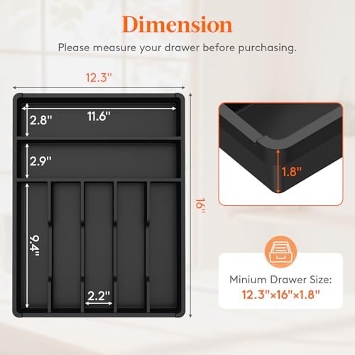 Silverware Drawer Organizer Tray (Black / 12.3 x 16 inch (7 Slots))