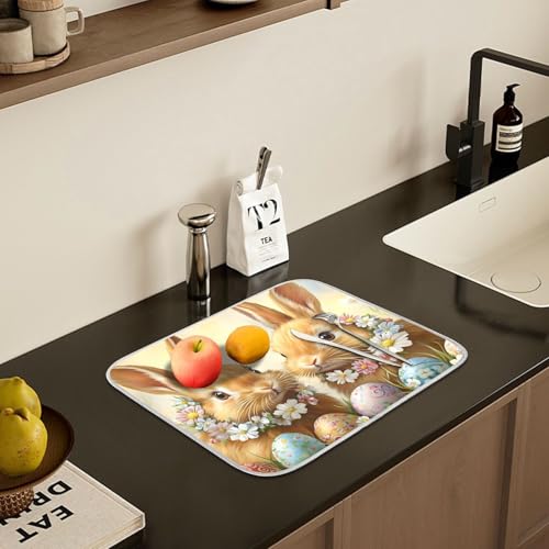 Cute Rabbit Bunny Easter Eggs Dish Drying Mat for Kitchen Counter Absorbent Microfiber Large Drying Pad Dish Mats for Kitchen Countertops 18 x 24 Inch (24" x 18")