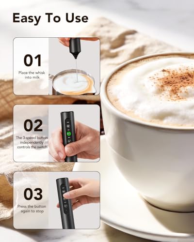 3-in-1 Electric Milk Frother with Stand, Rechargeable LED Display & 3 Speeds - Portable Whisk for Coffee, Protein Shakes, Baking - Makes Latte, Cappuccino, Matcha Foam -Blk (Rechargeable with stand) (black-5)