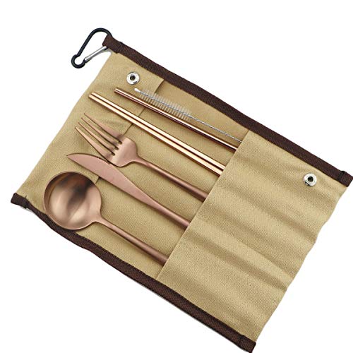 Reusable Travel Utensils (Khaki Pouch / Rose Gold)