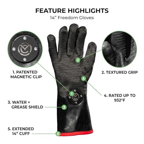 Freedom BBQ Gloves 932°F Heat Rated Magnetic EZ On Off Safety Clips Waterproof for Grills Smokers Fryers Ovens (18" Gloves)