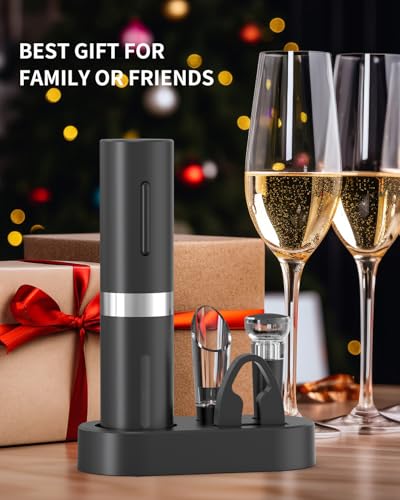 Electric Wine Bottle Opener Set Rechargeable Wine Corkscrew Cordless Wine Set with Charging Base (Black & Silver / Prestige Set)