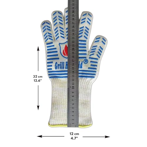 Grill Gloves Heat Proof for Men Grilling BBQ Heat Resistant Gloves (White & Blue / Mid Cuff - Small Palm)