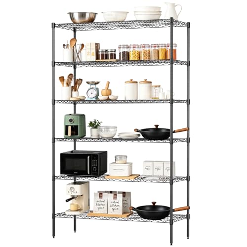 16" D×42" W×72" H Wire Shelving Unit Commercial Metal Shelf with 6 Tier Adjustable Layer Rack Strong Steel for Restaurant Garage Pantry Kitchen Garage (Black / 42×16×72)