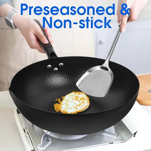 12.5 Inch Carbon Steel Wok For Electric (A-12.5 inch Wok with Wooden Lid)