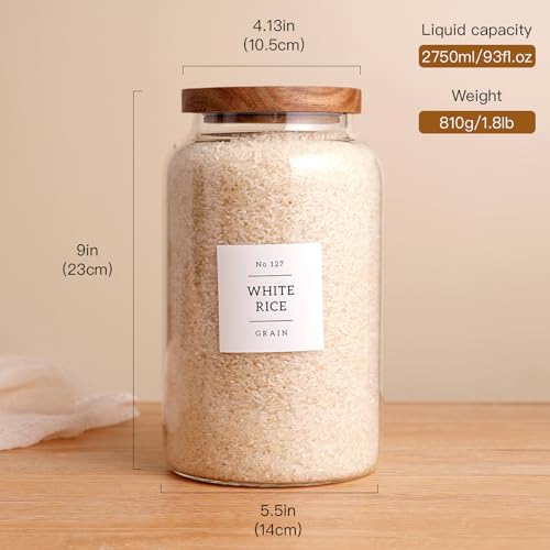 Set of 2 Large Glass Jar with Airtight Acacia Lid and 132 Kitchen Pantry Labels (2800ml)