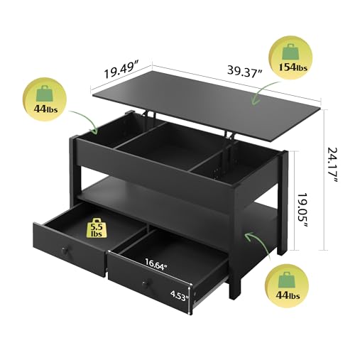 Lift Top Coffee Table with 2 Drawers (Rustic Black / 39" with Drawer)