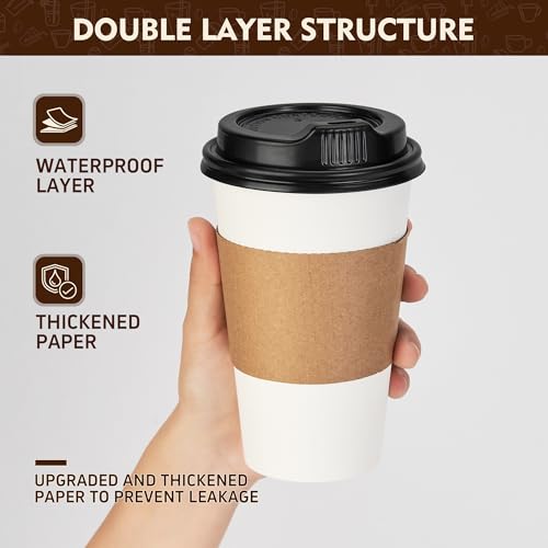 16 oz 500 Pack Disposable Coffee Cups with Lids & Sleeves (White-Kraft Sleeves / 16 oz)