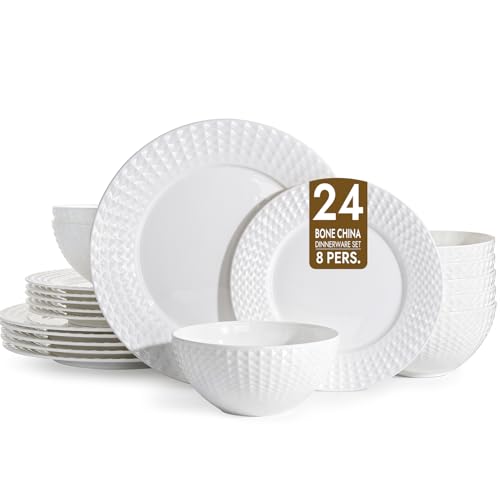 24Pc Rhombus Edge White Bone China Set (White-Rhombus / service for 8-24pcs)