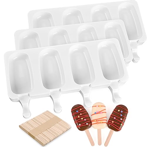 3 Pack 4 Cavity Popsicle Silicone Molds with 100 Pcs Wooden Sticks (3 Pcs Large - White (100 Sticks))