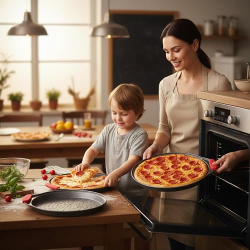 3 Piece Pizza Tray Set with Silicone Handles (3 Pack Small, Medium, Large)