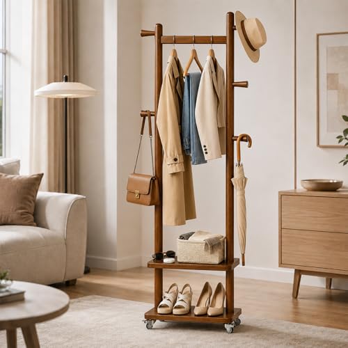 Small Clothes Rack Solid Wood Coat Rack Freestanding with Wheels