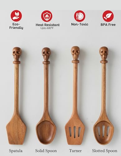 Acacia Wood Cooking Utensil Set with Skull Handles (Signature Skull Set Acacia)