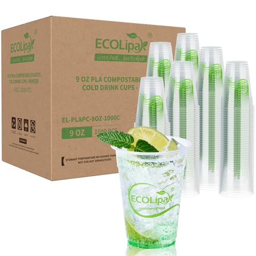 1000 Count 9 OZ Clear Compostable Plastic Cups for Restaurant (9oz-clear)