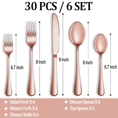 30 Pcs Rose Gold Silverware Set Service for 6 (Rose Gold)