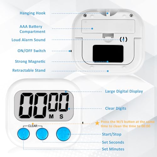 Digital Kitchen Classroom Timers for Kids Cooking 12pcs Wht Blu Pk