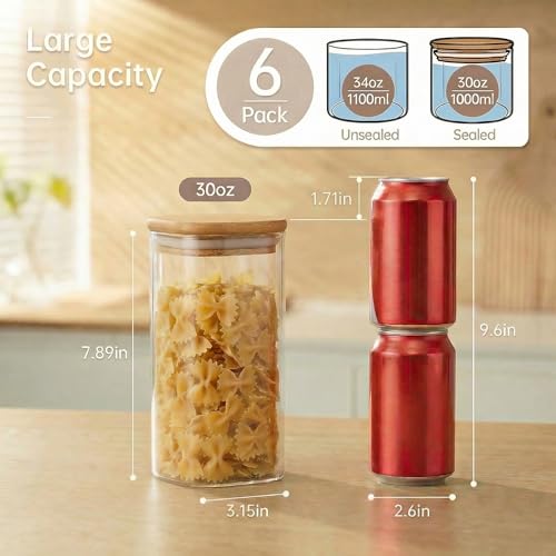 Square Glass Jars with Bamboo Lids 30 FL OZ [Set of 6] (Square 30OZ Set-6Pack)