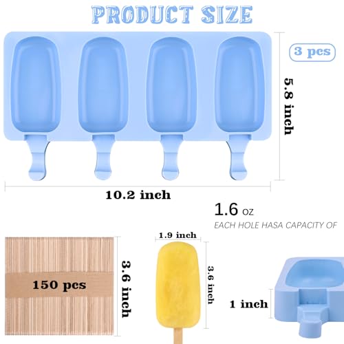 3 Pack Large Silicone Popsicle Molds with 150 Pcs Wooden Sticks (3 Pcs Large - Blue)