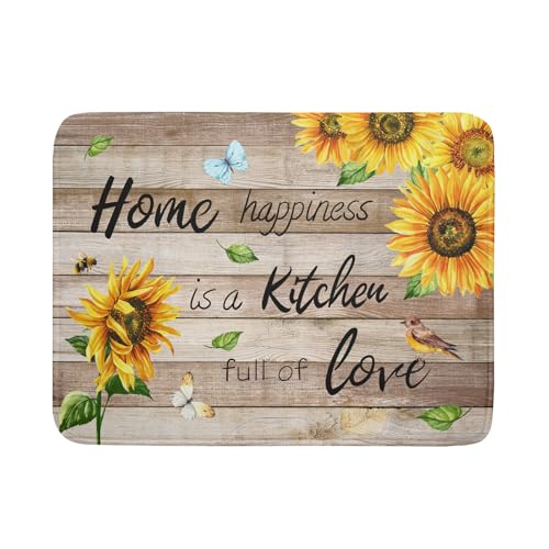 Sunflower Floral Dish Drying Mat for Kitchen Countertop 18x24 inch Rustic Wood Washable Microfiber Absorbent Dishes Drainer Rack Pad (Sunflower Wood Home / 18" x 24")