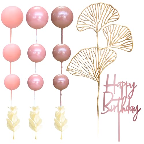 57Pcs Balls Cake Topper Boho Grass Cake topper Pearl Balls Acrylic Happy Birthday Cake Decorations for Wedding Baby Shower Birthday Boho Themed Party Supplies Rose Gold Pink (Rose Gold Pink)