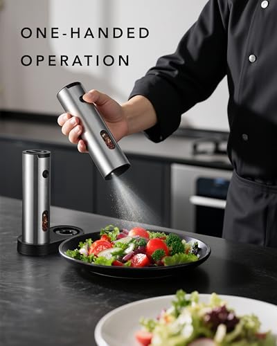 Electric Salt and Pepper Grinder Set Rechargeable (Slim / Bright Silver)