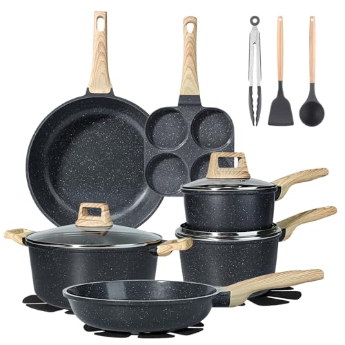 Ceramic Pots and Pans Set Non Stick (Dark Gray / 17 Pieces)