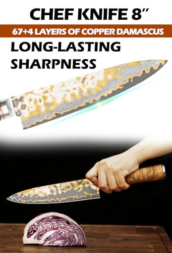 Chef Knife 8'' Blade Japanese Handmade Copper Damascus Steel (Gyuto)
