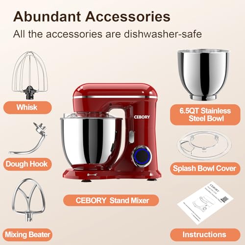 3-IN-1 Electric Stand Mixer, 6.5QT Bowl 660W 10-Speed Kitchen Mixer, Household Food Mixers include Dough Hook, Beater and Whisk, Bread Cake Mixer for Baking and Most Home Cooks, Red (Red)