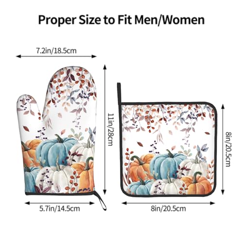 Fall Orange Pumpkin Oven Mitt Potholders Sets Eucalyptus Leaves Heat Resistant Oven Glove Set of 2 Kitchen Hot Pads for Cooking Baking BBQ (Fall Orange Pumpkin)