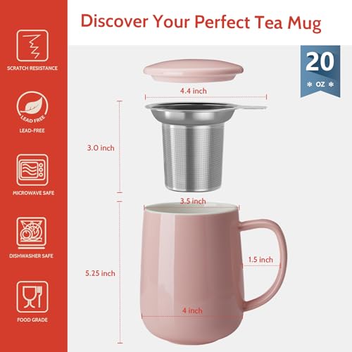 20 OZ Porcelain Tea Mug with Infuser and Lid (Pink)