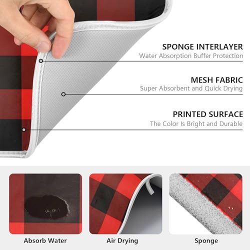 Christmas Red Black Buffalo Plaid Dish Drying Mat for Kitchen Counter Absorbent Microfiber Large Drying Pad Dish Mats for Kitchen Countertops 18 x 24 Inch (24" x 18")