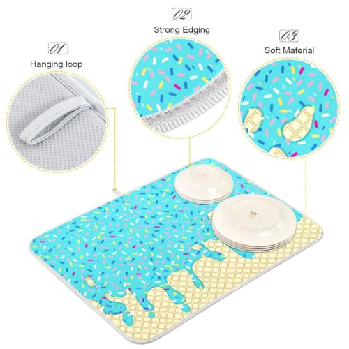 Teal Blue Ice Cream Dish Drying Mat for Kitchen Counter Absorbent Microfiber Drying Pad (16" x 18")