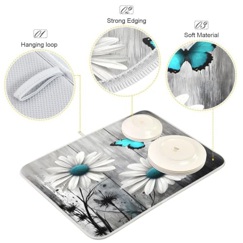 Daisy Flower Teal Butterfly Dish Drying Mat for Kitchen Counter Absorbent Microfiber Drying Pad (16" x 18")