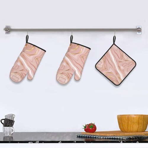 Pink Golden Marble Oven Mitts and Pot Holders Sets of 3 (3 Count)
