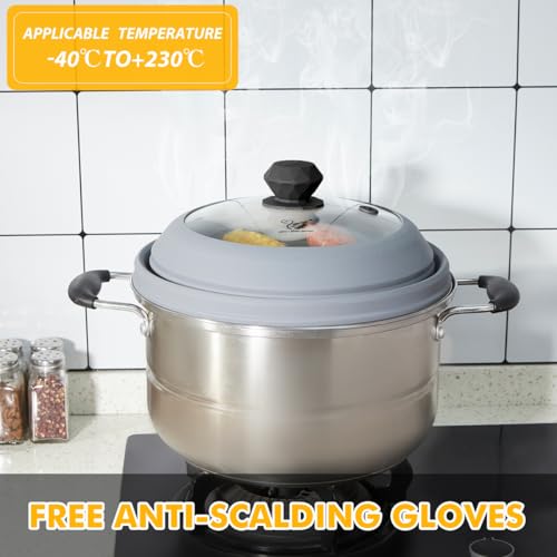 Microwave Splatter Cover Vented Glass Splatter Guard Lid with Collapsible Silicone for Food as Pot Cover 11.8 inch Large Plate for 6 7 8 9 10 11 inch Plate Bowl Light Grey (11.8 inch / Light Grey Lid)