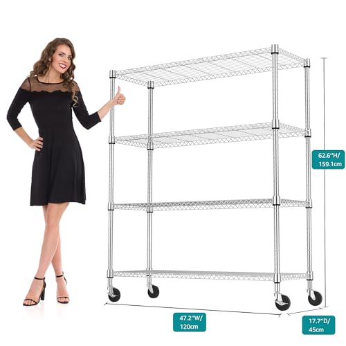 1400LBS 47.2" W 4 Tiers Storage Shelves Metal Shelving Unit with Wheels Heavy Duty Garage Shelving Adjustable Wire Shelves for Pantry (4 Tiers, 17.7"D x 47.2"W x 62.6"H / Chrome)