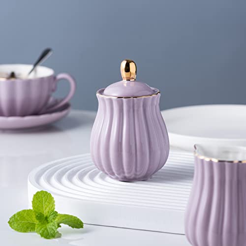Fine China Purple Teapot and Creamer Sugar Bowl Set