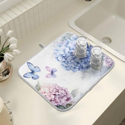 Blue Pink Hydrangea Spring Floral Dish Drying Mat for Kitchen Counter Absorbent Microfiber Small Drying Pad Dish Mats for Kitchen Countertops 16 x 18 Inch (18" x 16")