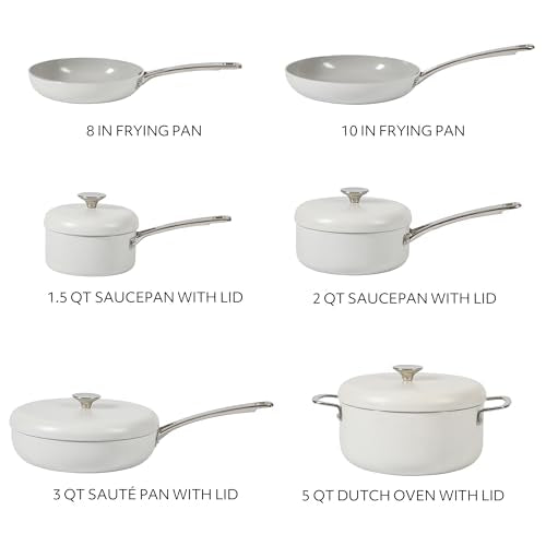 Kitchen Essentials Potluck Porch 10 Piece PFA Free Ceramic Non stick Interior Forged Aluminum Cookware Pots and Pans Set W (10-Piece Cookware Set / Linen White)