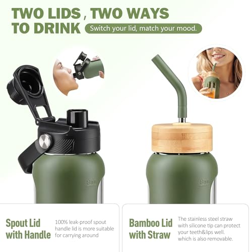32 oz Glass Water Bottle with Straw and 2 Lids (Olive / 32 Ounces)