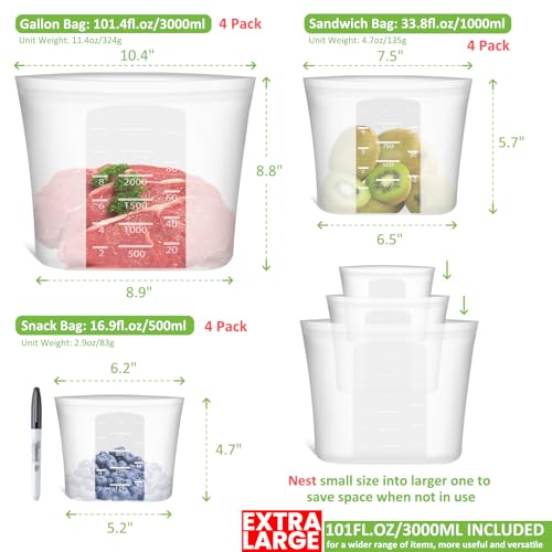 100% Silicone Reusable Storage Bag (Translucent | XL+S+XS | 12 Pack)