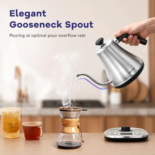 Electric Gooseneck Kettle With LCD Display Automatic Shut Off Retro Coffee Kettle Temperature Control Hot Water Boiler to Pour Over Tea (Stainless Steel)