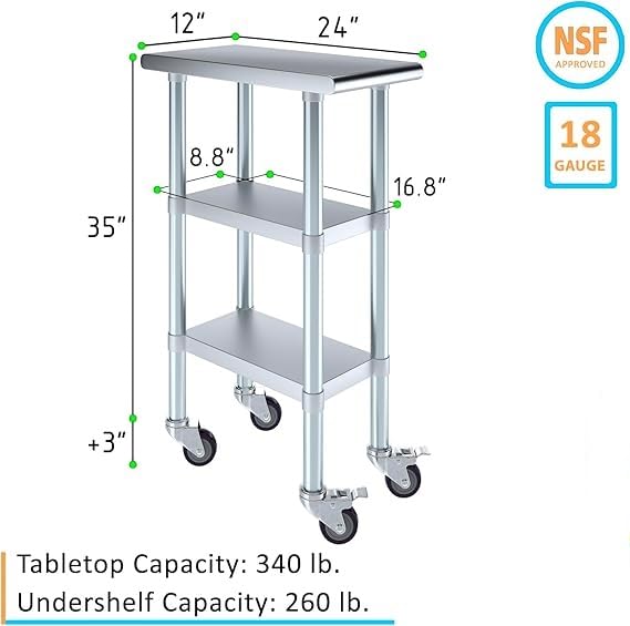 12"x24" Heavy Duty Work Table with 2 Shelves (12" Long x 24" Deep)