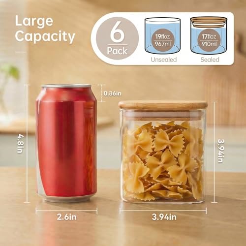 27 oz Square Glass Food Storage Containers with Airtight Bamboo Lids (6 Count)
