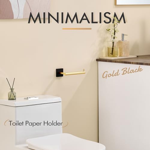 Toilet Paper Holder Black with Gold Toilet Roll Holder Hold Mega Rolls Kitchen Bathroom Tissue Paper Dispenser Stainless Steel (Black Gold / Horizontal)
