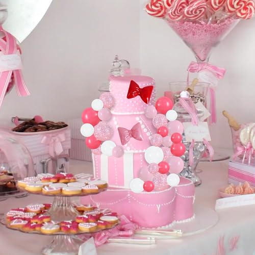42 pcs Foam Ball Cake Toppers with Sticks Includes 2 Bow Cake Decor Perfect for Birthday Party Pink&White Theme Party Decor Wedding Anniversary Celebration (42 Count)