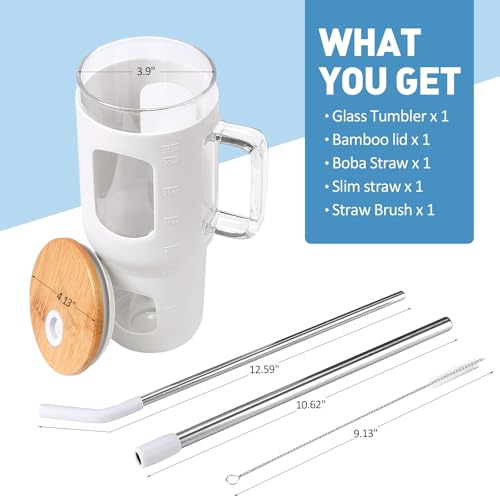 Glass Tumbler with Straw and Lid (White / 32 Ounces)