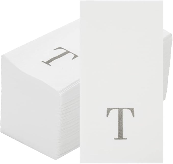 Luxenap 15.8 X 7.9 Inch Linen-Feel Guest Towels, 50 Lettered Hand Towels - Silver Letter 'T', Sans Serif Font, White Paper Dinner Napkins, airlaid, For Restrooms And Tables - Restaurantware
