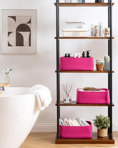 Small Woven Storage Basket for Organizing (Hot Pink / 13.5"L x 9.5"W x 5"H)