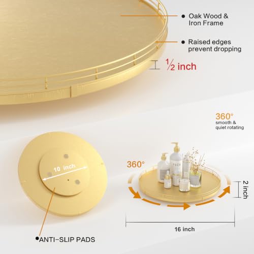 16 Inch Oak Lazy Susan Organizer with Gold Metal Rail (Golden / 16)